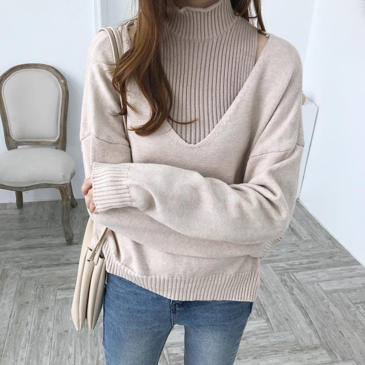 Two-piece Straight Half-high Collar Bottoming Sweater Female Commuter V-neck Loose Long Sleeve Sweater Sweater Women Sets Spring