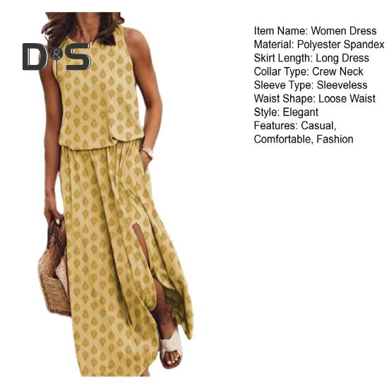 Women's Sleeveless Maxi Dress Casual Crew Neck Elastic Waist Split Long Dress with Pocket Summer Beach Vacation Sundress