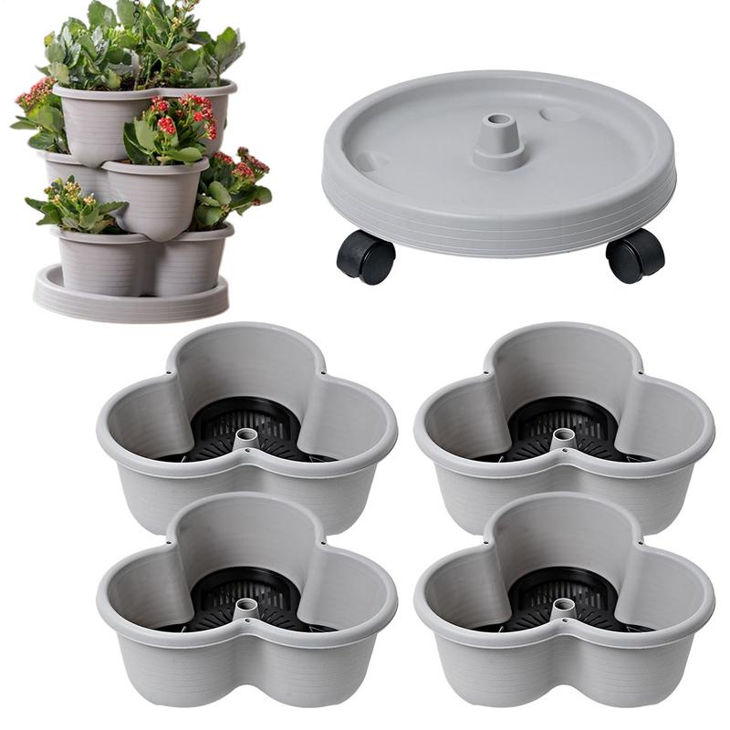 4 Tiers Plastic Vertical Planter Stacked Planter Gardening Pots With Tray And Flexible Wheels For Strawberry, Flower, Vegetable