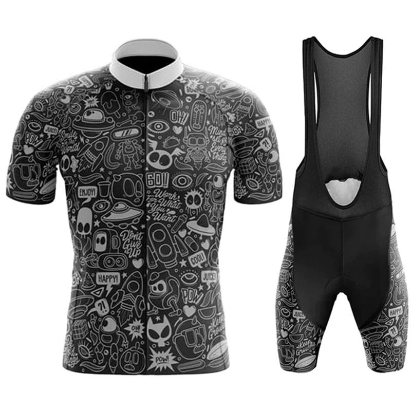 2026 Team Cycling Jersey Set Short Sleeve Cartoon Bicycle Clothing Men Black MTB Maillot Ciclismo Bike Racing Bib Shorts Set