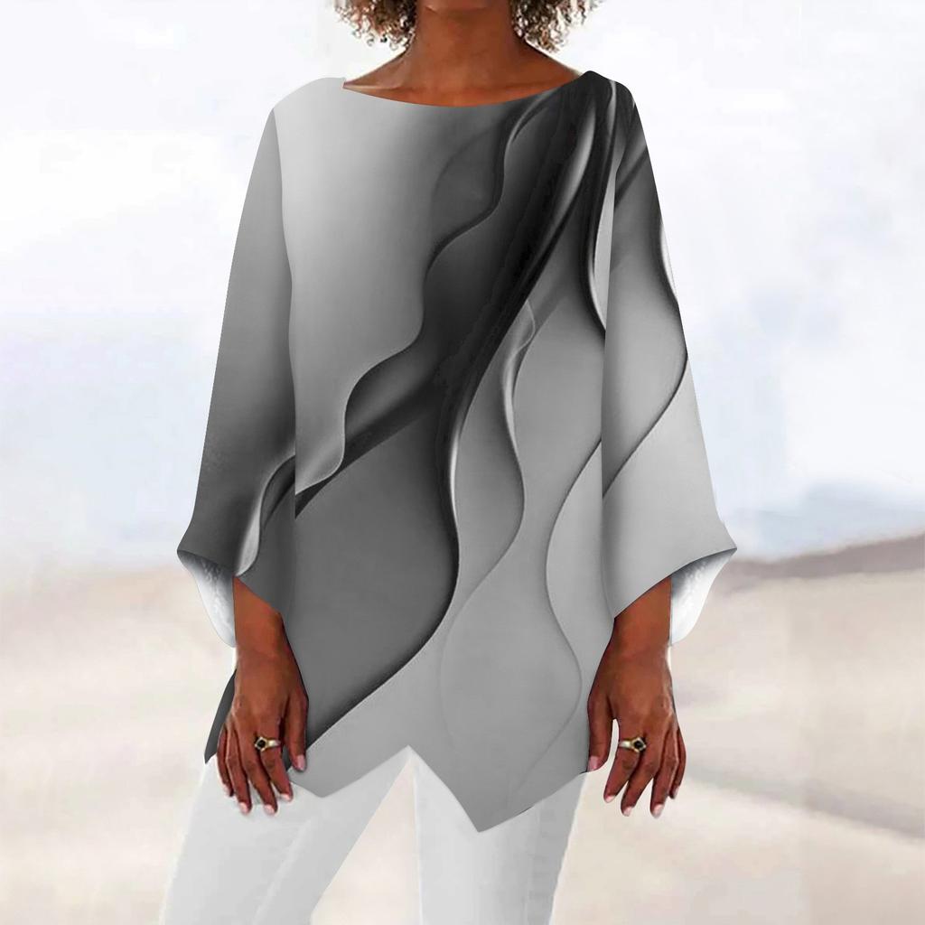 Women's Fashion Retro Print Gradual Colored Round Neck 9/4 Sleeve Irregular Hem T-shirt Top