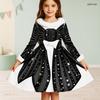 Girls Long Sleeve White Fuzzy Trim Black Gold Green Printed A Line Flared Dress