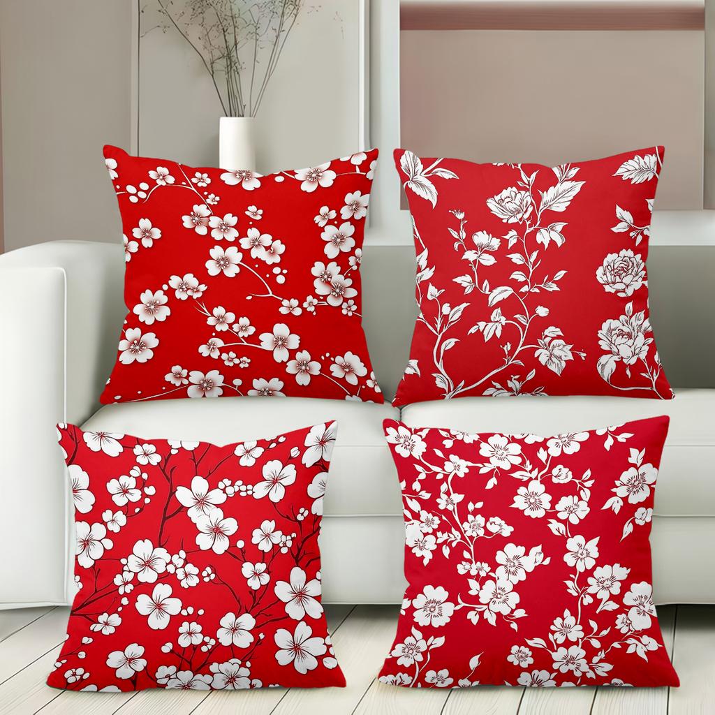 Set of Vintage Red Floral Throw Pillow Covers Pattern Cushion Cover Suitable for Sofa Bedroom Car Pillow Cover