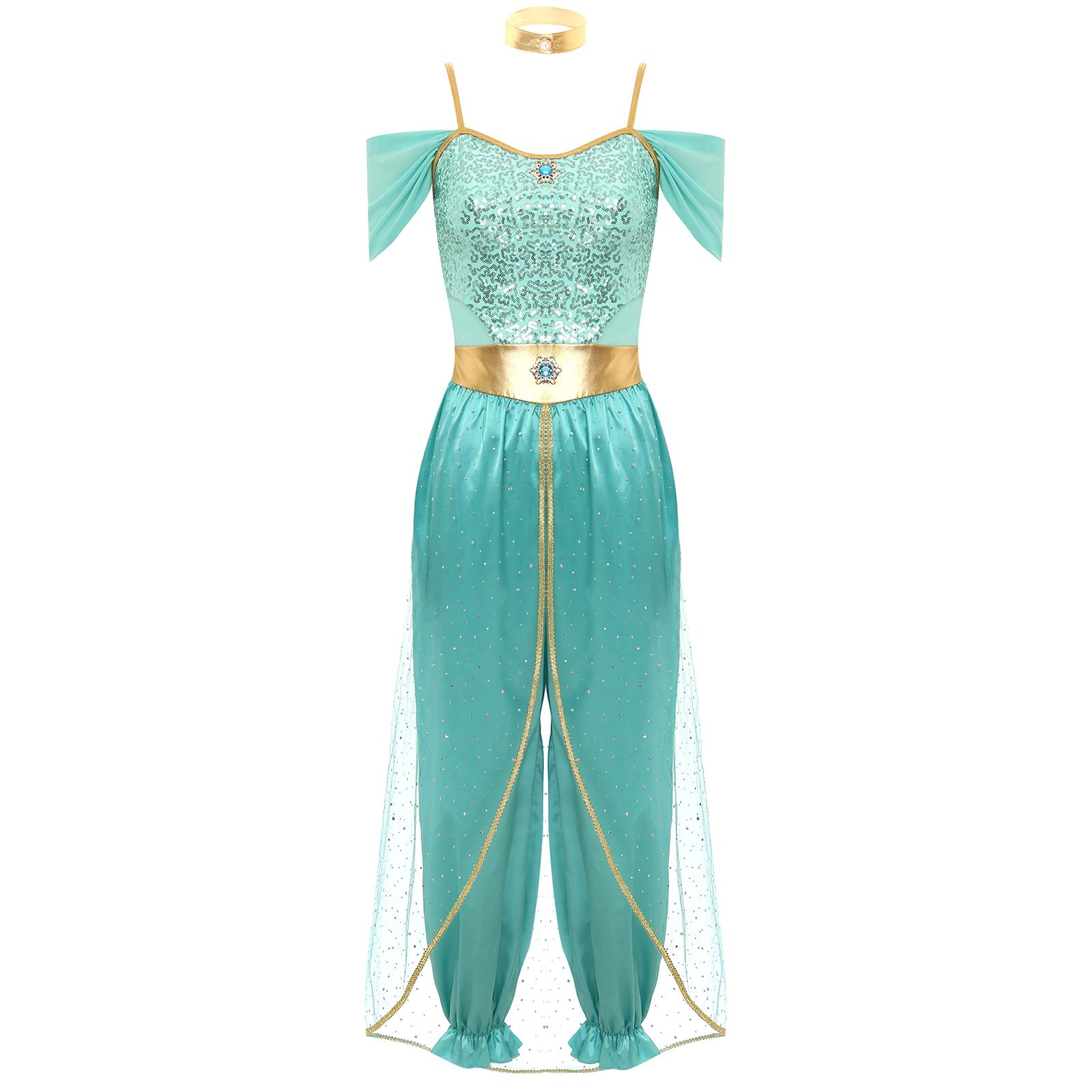 

Женский арабский костюм принцессы для танца живота, комбинезон с пайетками и блестящим воротником-чокером для ролевых игр на Хэллоуин S бирюзовый