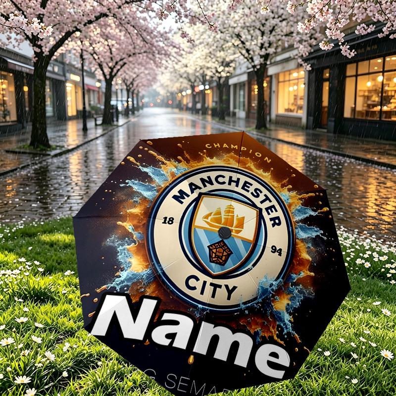 Custom Name Personalized Manchester City FC Print Umbrella, Auto Open Close, 8‑Rib Sturdy Frame, Commute Camping Hiking Use, Birthday Gift