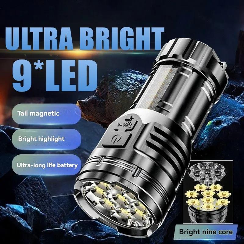 Portable 9 LED Flashlights USB Rechargeable Torch With Pen Clip COB Flashlight Outdoor Fishing Tail Magnetic Work Light