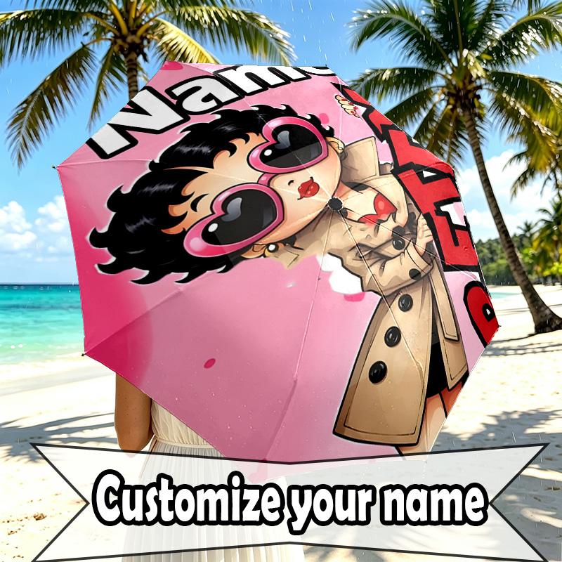 Custom Name Personalized Betty Boop Print Umbrella, Auto Open Close, 8‑Rib Sturdy Frame, Commute Camping Hiking Use, Birthday Gift