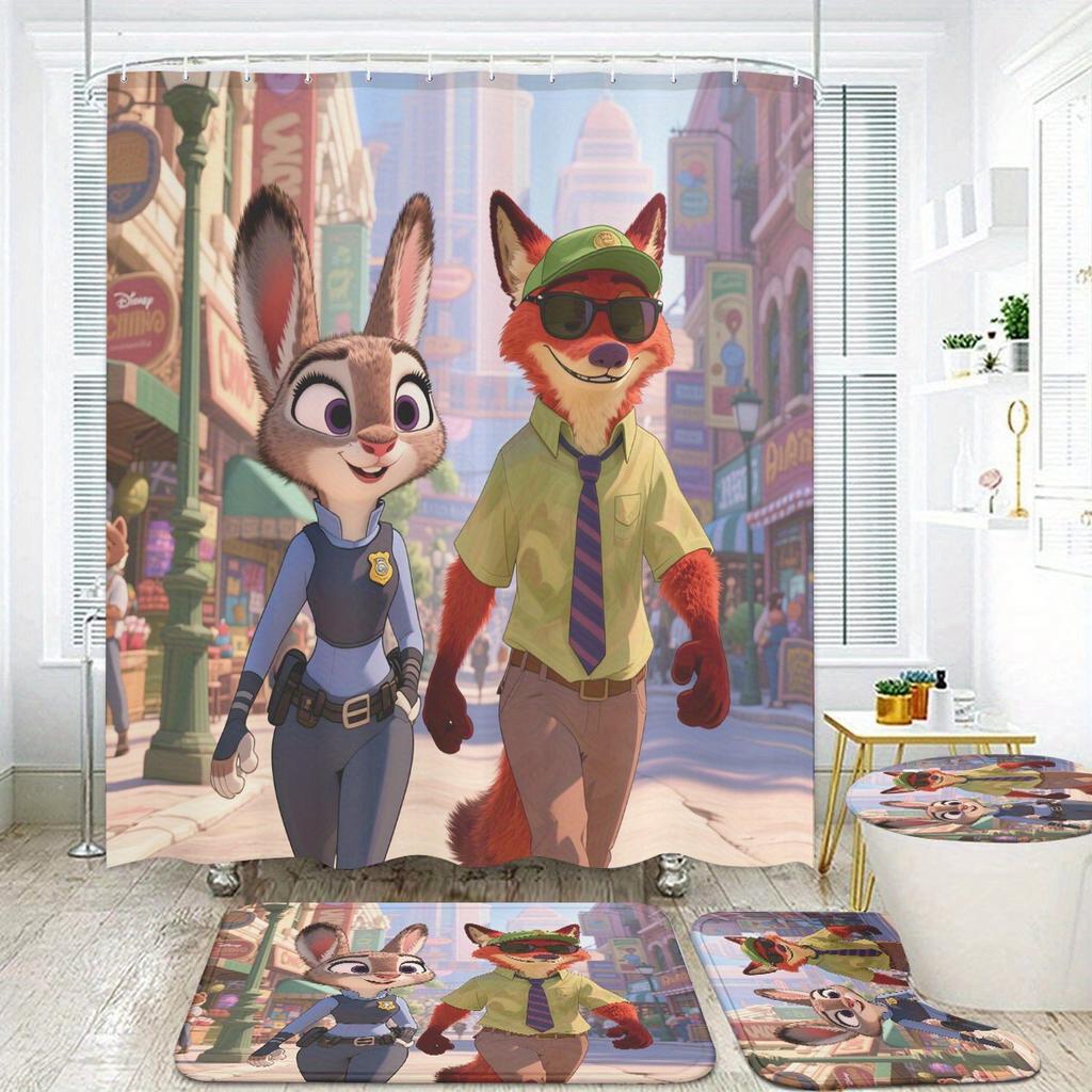 4pcs Official Disney Zootopia Bathroom Collection: Waterproof Shower Curtain with All Characters, 4-Piece Set