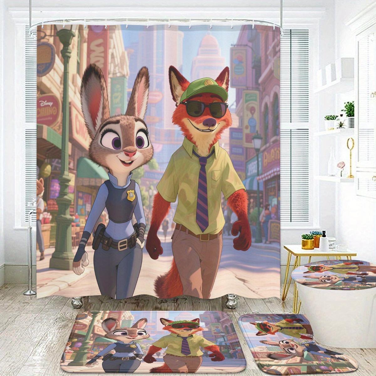 4pcs Official Disney Zootopia Bathroom Collection: Waterproof Shower Curtain with All Characters, 4-Piece Set 4pcs-Set