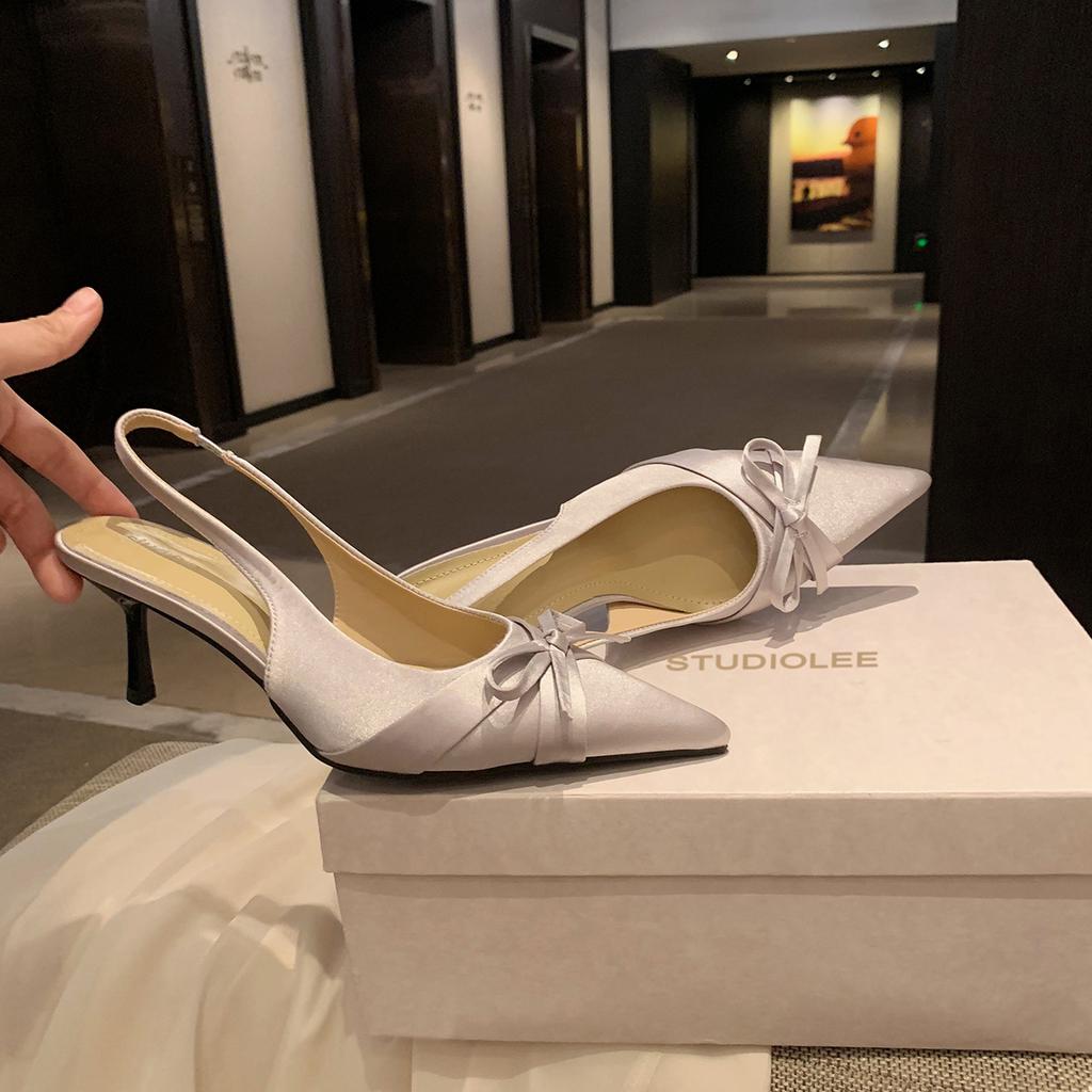 Grape Mother, the Same Style Shows Leg Length 7cm, Small Stiletto Heel, Satin Bow, Pointed Head, Rear Empty Single Shoes, French Bag Head Sandals.