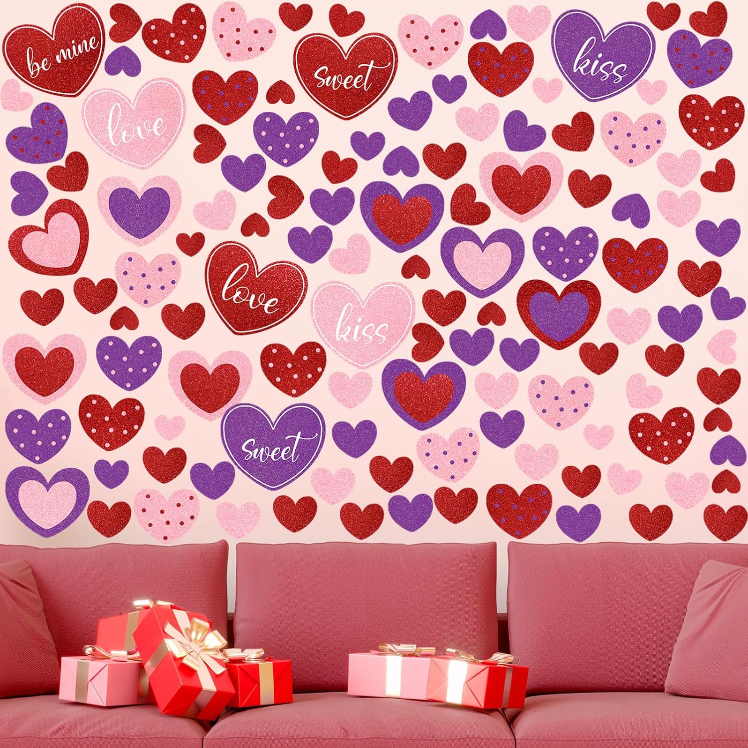 6 Sheets/ 214 Pcs Valentine s Day Wall Decals Removable Love Heart Wall Stickers Red Heart Window Stickers Wedding Anniversary Romantic Love Cute Style