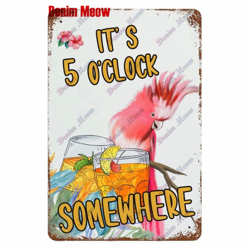 Metal Tin Sign Wall Decor, Vintage Parrot Cocktail Bar Plates, Kitchen Painting Decor, It's 5 O'clock, WY23