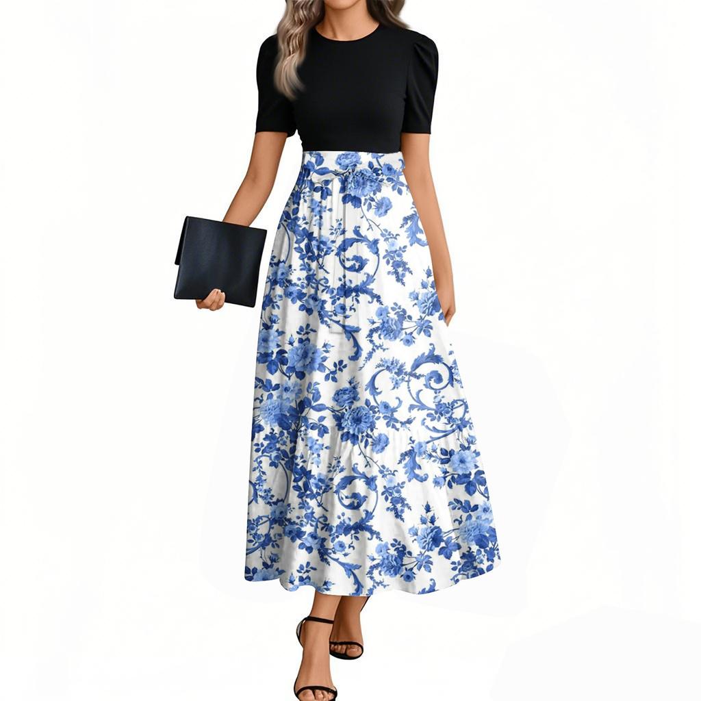 Women's Fashion Casual Belt Short Sleeve Round Neck Floral Stitching Elegant Temperament Dress