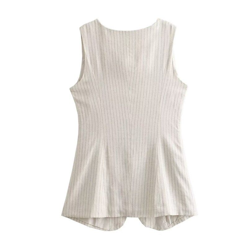 Fashion Style 2024 Spring/Summer New Arrival Women's Clothing Temperament Wild Hemp Cotton Stripes Long Vest Coat 1227466