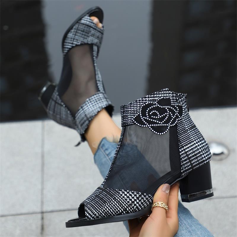 Mode 2025 Übergröße Mesh Damen Zehenfreie Stiefel Kristall Floral Reißverschluss hinten Knöchelsandalen Stiefel Stilvoll Retro Sommer Modern Klobige Absätze