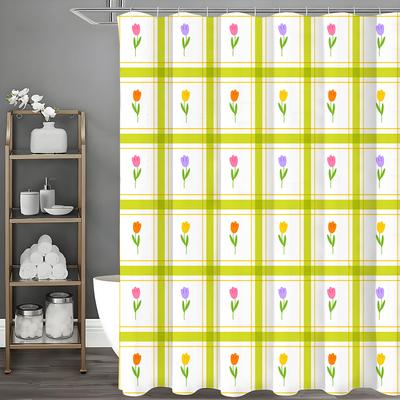 Creative Checkered Tulip Pattern Shower Curtain, Bathroom Decorative Shower Curtain, Waterproof Shower Curtain with Hooks