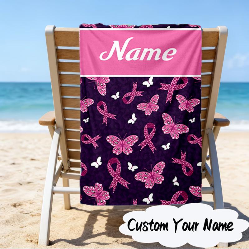Custom Name Pink Ribbon Courage Microfiber Beach Towel Super Soft & Absorbent for Bath, Beach, Travel  Bath Time Accessory, Fan gifts