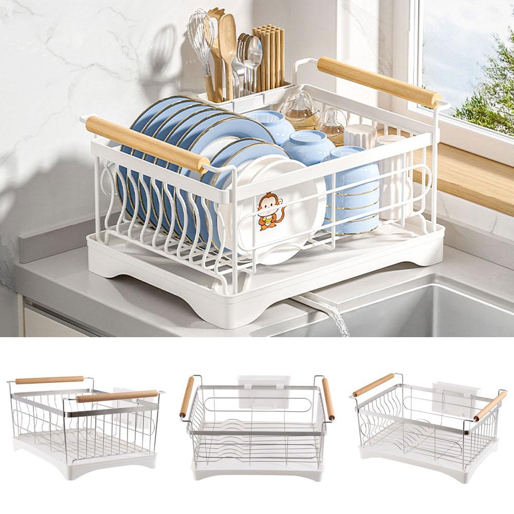 304 Stainless Steel Dish Rack with Swivel Spout & Wooden Handle, Space-Saving Rack for Drying Plates, Cups & Utensils