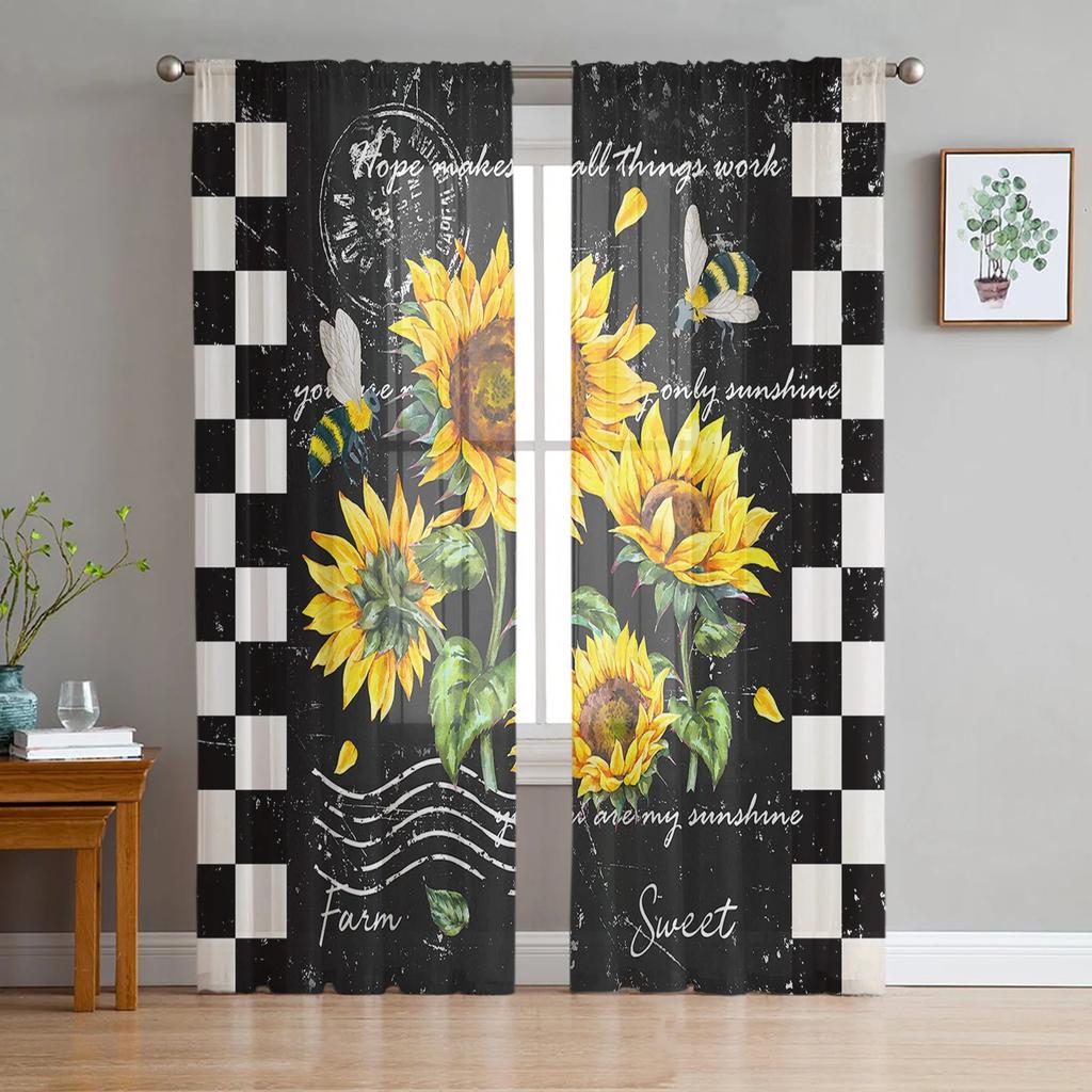 Black And White Flowers Sheer Curtains for Bedroom Living Room Decoration Window Curtain for Kitchen Tulle Voile Organza Drapes