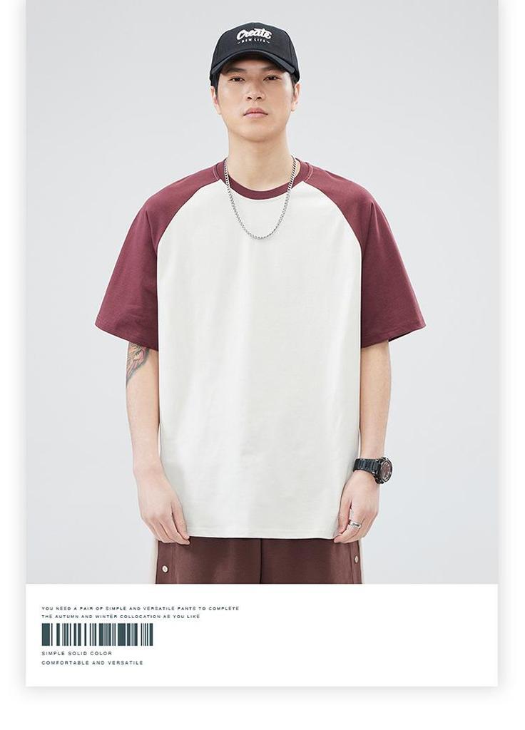 250G Men's Summer Trendy Color Block Raglan Tee - Heavyweight Pure Cotton, Loose Fit, Short Sleeve