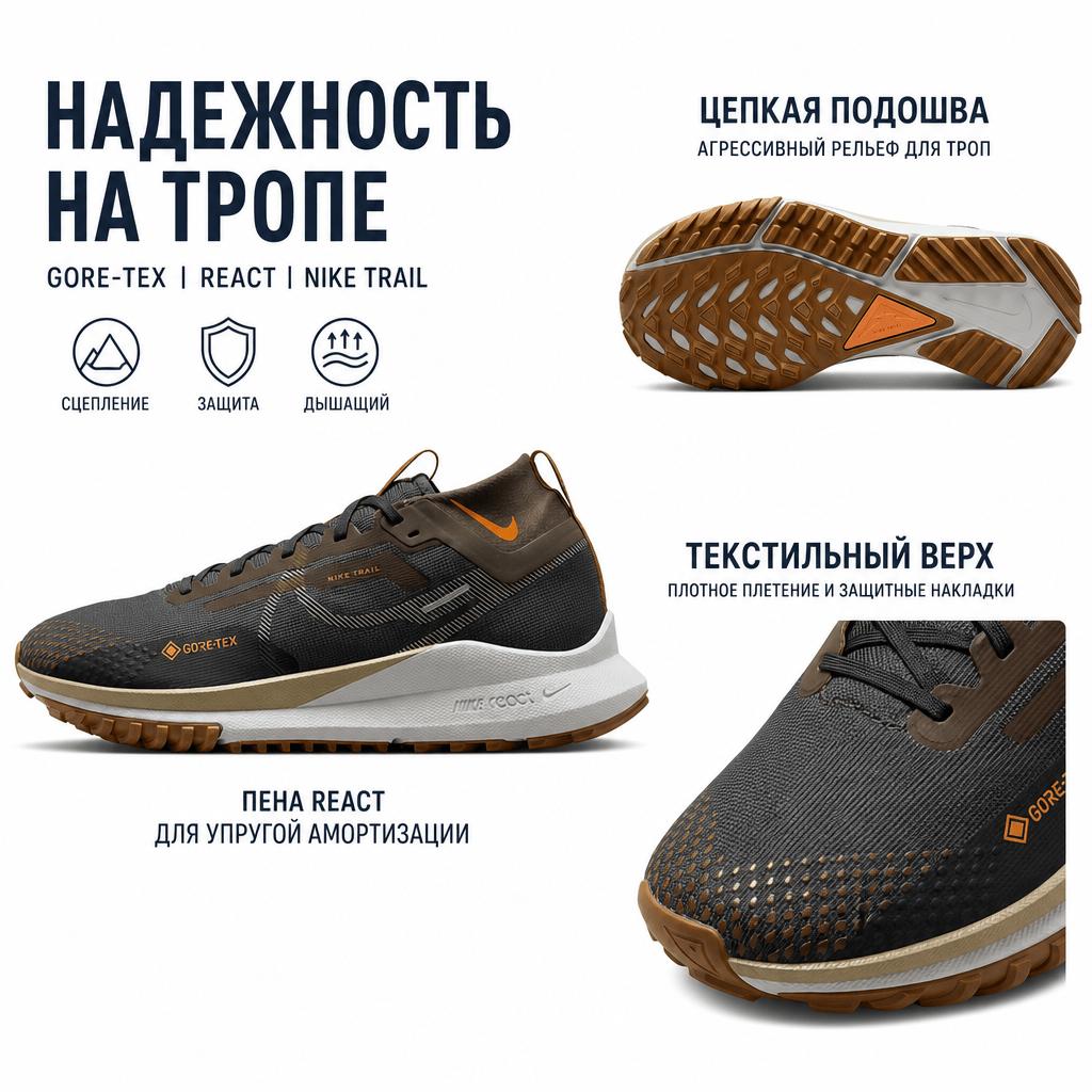 Nike React Pegasus Trail 4 GORE-TEX Anthracite Ale Brown Men Sneakers Black Ironstone Bright-Mandarin FD5841-001