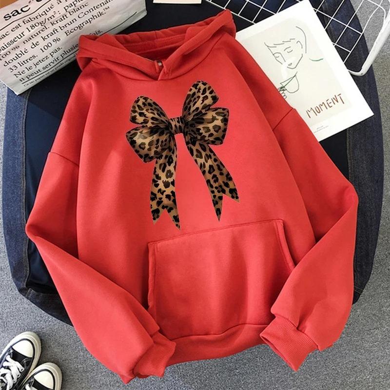Bow Heart Love Leopard Print Hoodies Long Sleeve Funny Sweatshirts Streetwear Women's Casual Graphic Hooded Pullovers Clothes
