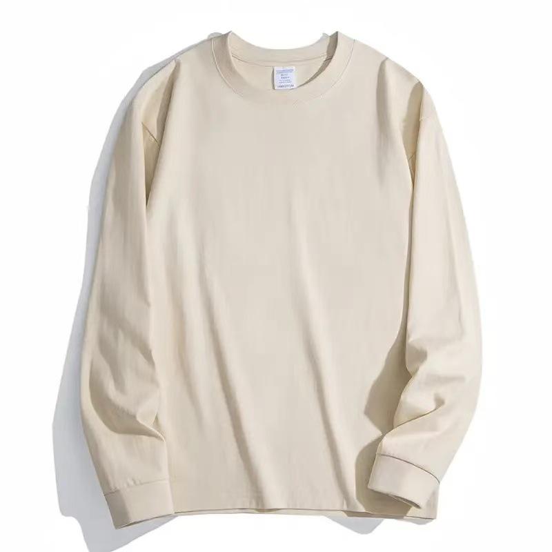 Men's 300g Heavyweight Pure Cotton White Long-Sleeve Round Neck Shirt