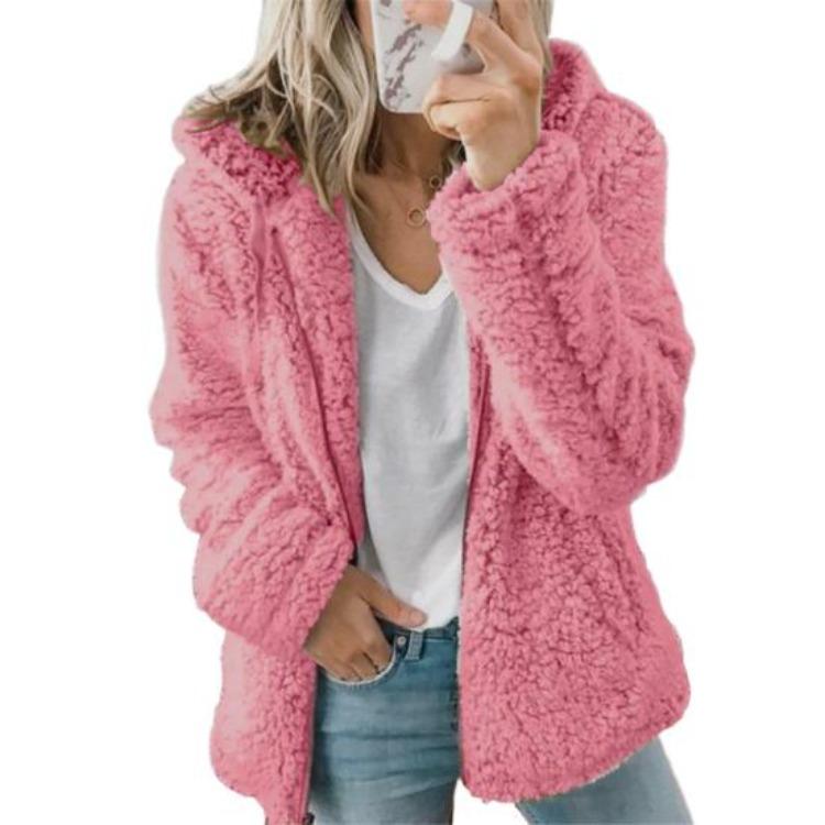 Warme Damen Sherpa Jacke mit Kapuze Fleece Mantel Freizeit Einfarbig Plüsch Reißverschluss Winddicht Herbst Winter Strickjacke