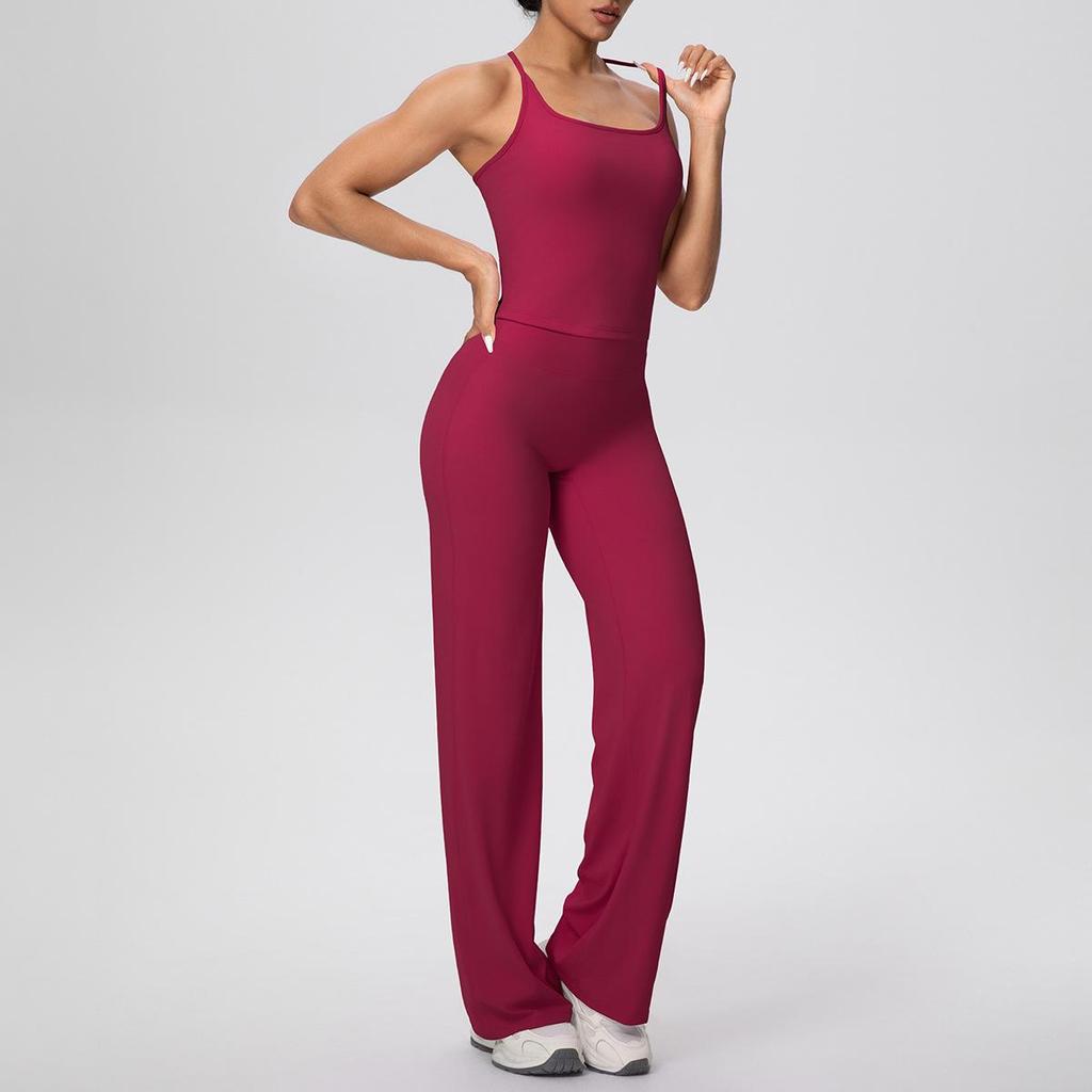 Solid Color Racerback Tank & High Waist Wide-Leg Yoga Pants Fitness Set