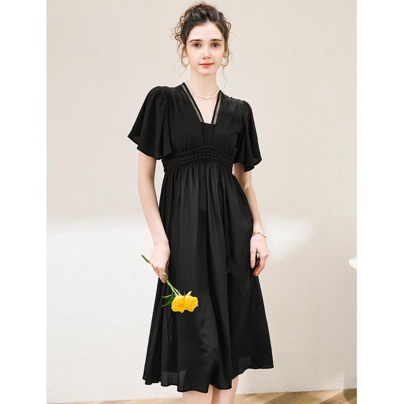 TUHUANG Women s Hepburn Style 100% Mulberry Silk V-Neck A-Line Midi Dress M