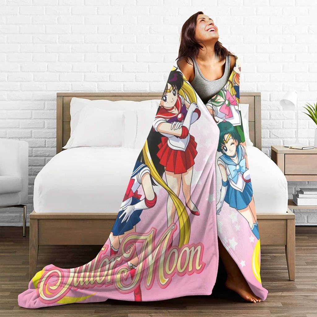 S-Sailor M-Moon Anime Kawaii Flannel Blanket Soft Warm Throw Blanket for Home Decor Airplane Travel Novelty Bedspread Sofa Bed