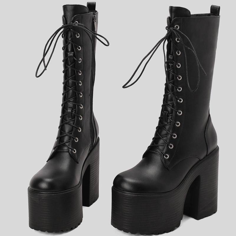 Stivali da Donna Sexy con Plateau a Metà Polpaccio Inverno Stripper Gotico Punk Tacchi Stivale per Donna Stringati Nero Bianco Scarpe Feticcio Taglia Grande