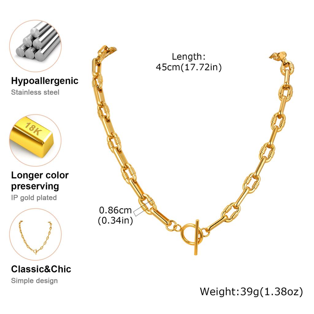 Chunky Oval Handmade Chain Necklace,18K Gold Plated Toggle-clasps Necklaces,Stainless Steel Jewelry Gift