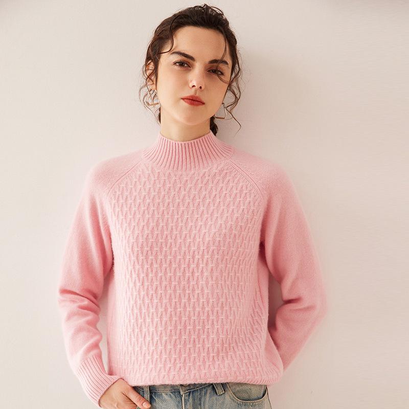 Women's Cashmere Cable Knit Sweater - Loose Fit, Double-Strand, Half-High Collar, Solid Color, Short Style, Perfect for Autumn and Winter