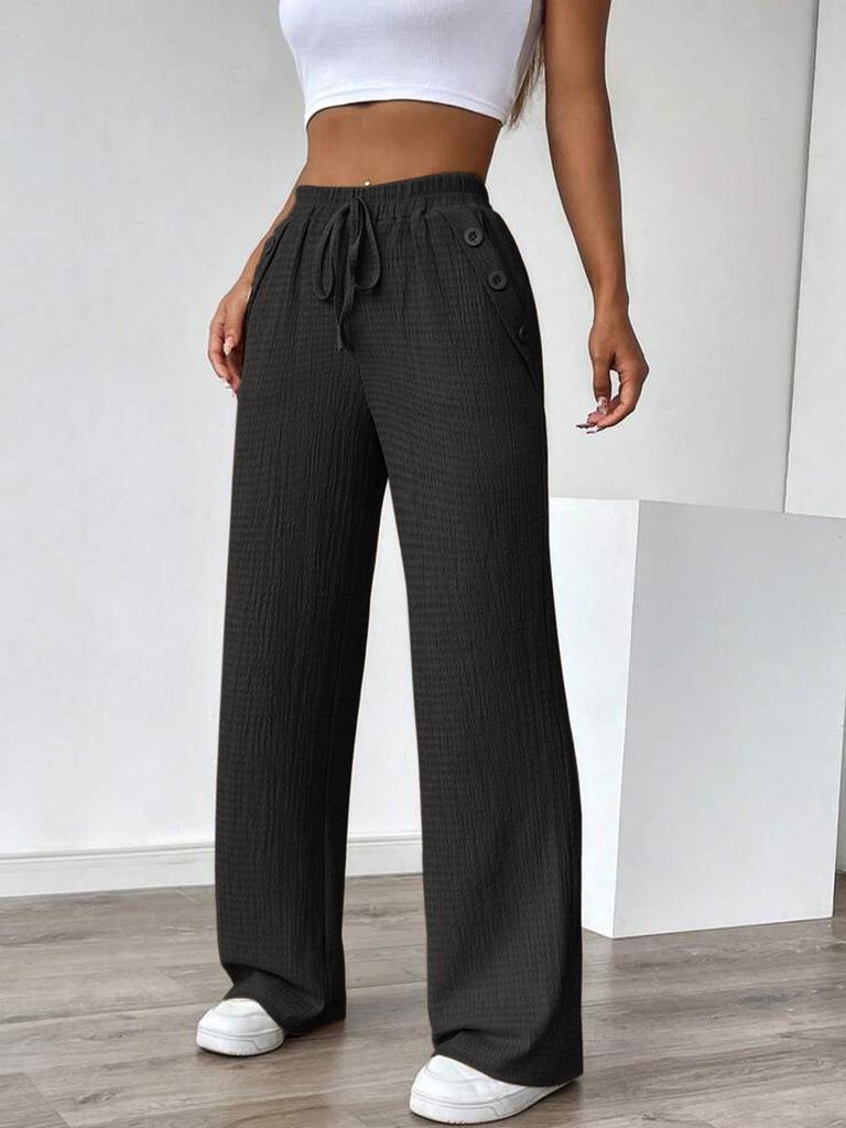 High-Waisted European and American Style Solid Color Drawstring Pants - Fashionably Casual, Comfortable Straight-Leg for Daily Wear