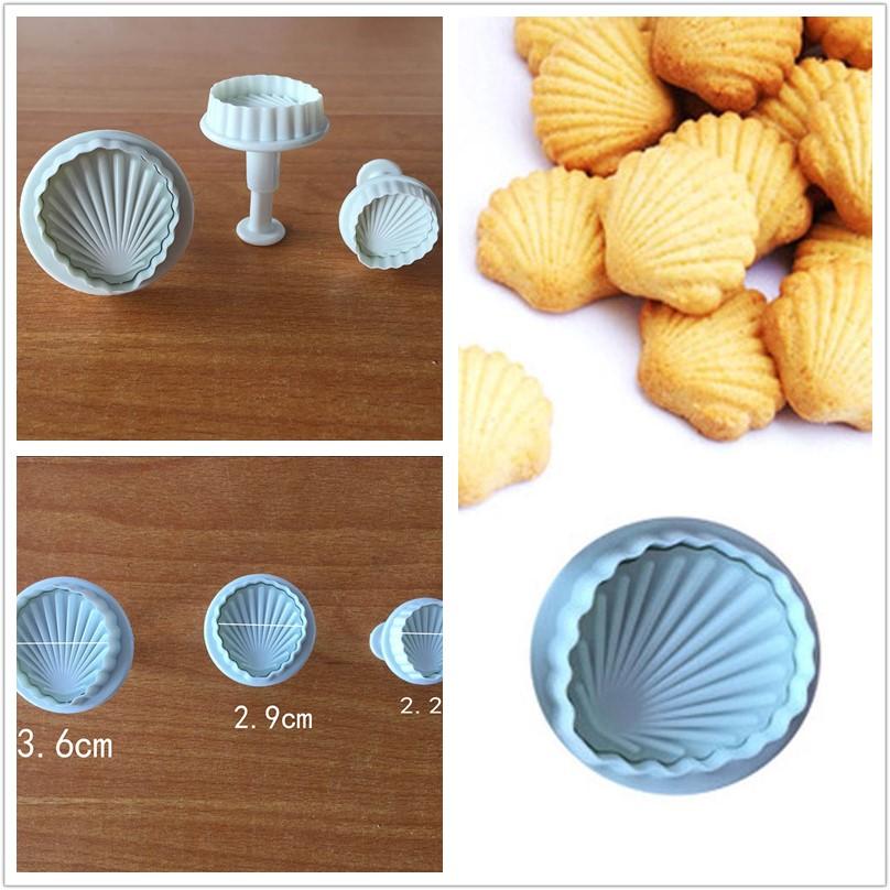 3 Pcs Fondant Cake Decorating Plunger Cutter Shell Shape Tools Mold Cookies Mold Sea Shell Shape Cookie Cutter Kitchen