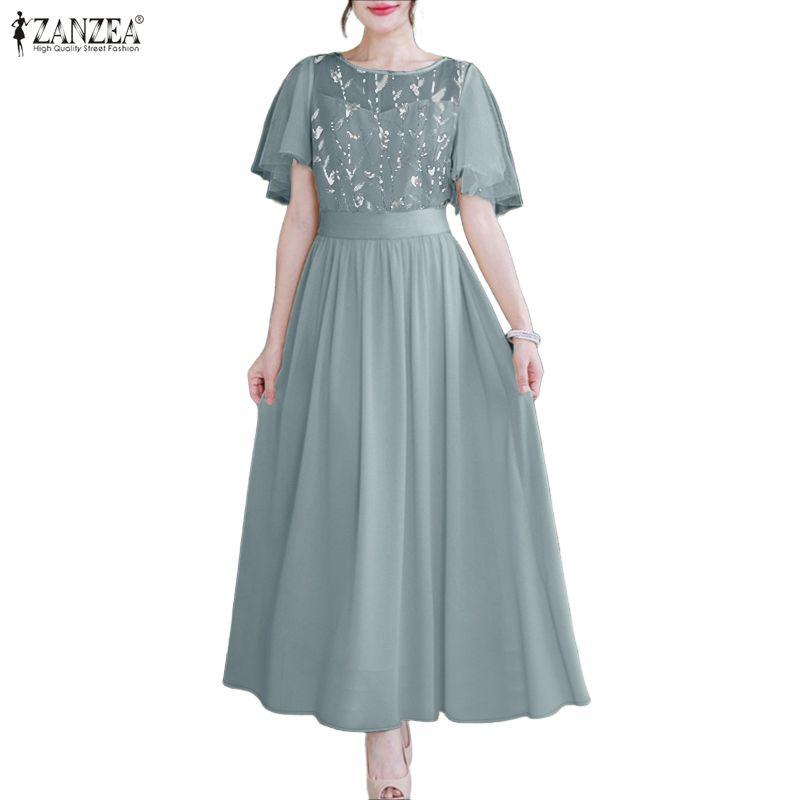 ZANZEA Women Casual Round Neck Mesh Splice Short Sleeve Loose Dress