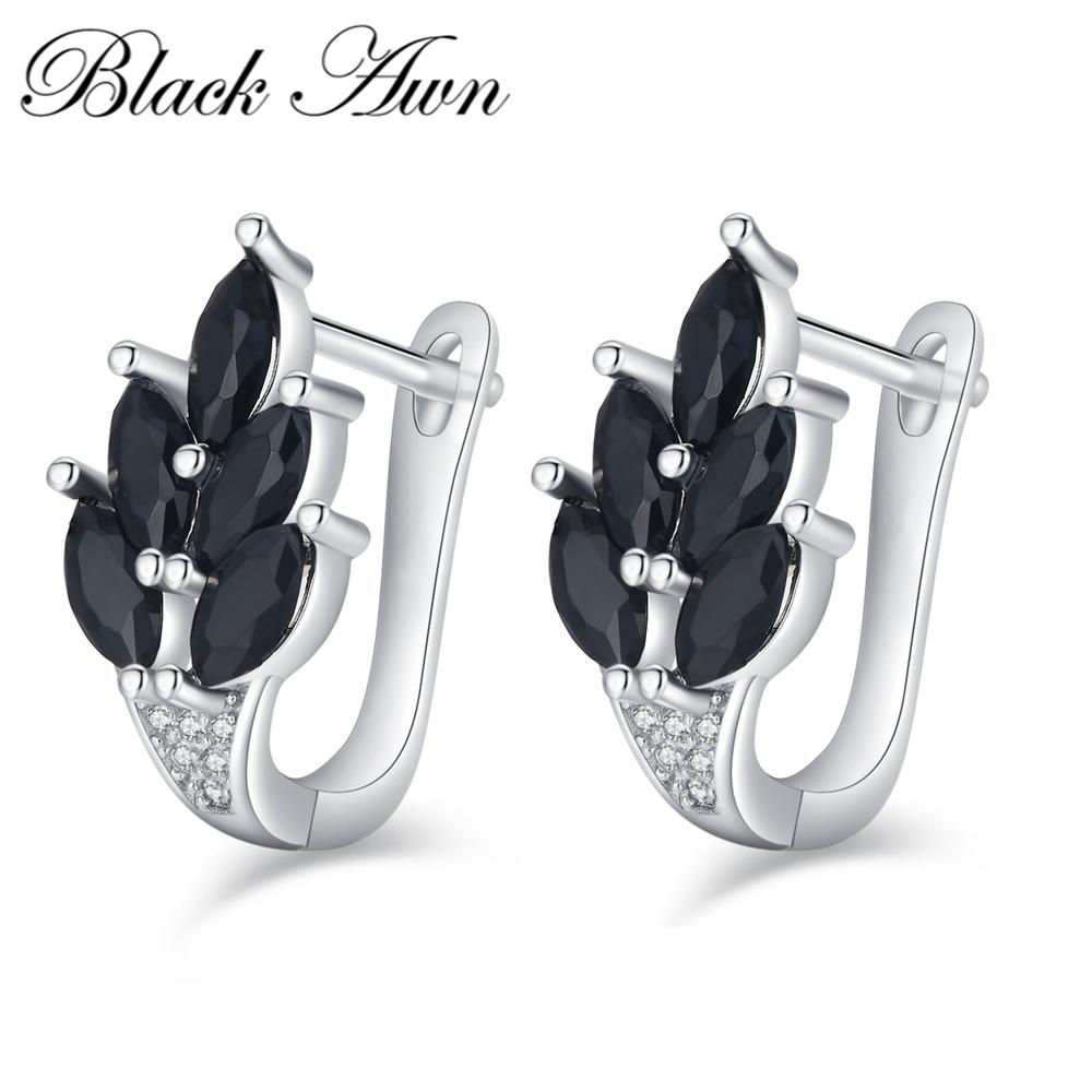 

Жіночі сережки-кільця у формі листя з чорного каменю BLACK AWN