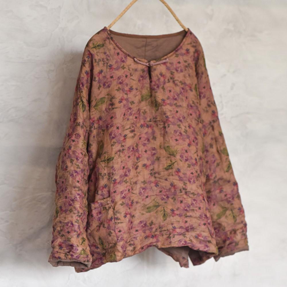 

Johnature Women Vintage Print Floral Pullover O-Neck Long Sleeve Autumn Pockets Chinese Style Tops One Size рожевий