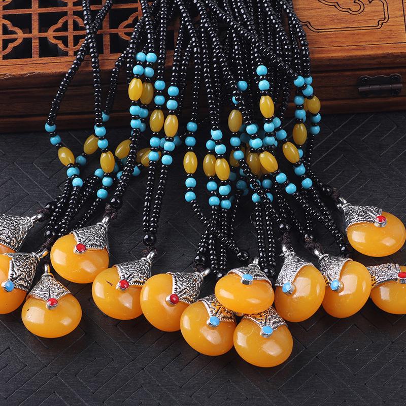 Ethnic Beaded Sweater Chain with Amber Pendant - Bingbing Style Necklace