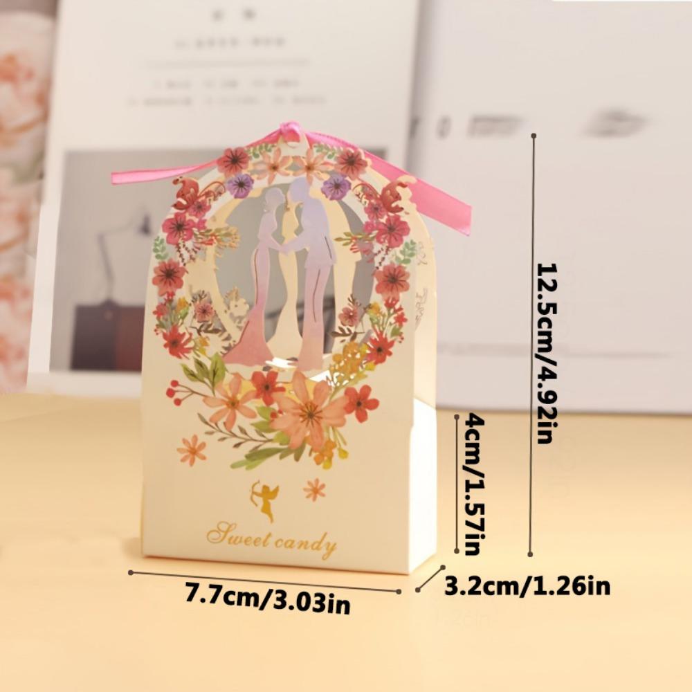 15pcs Floral Candy Boxes with Ribbons Wedding Gift Packing Box Bridal Shower Treat Bags Gift Packaging Paper Craft Party Supplies Wedding Party Gift