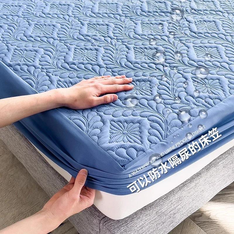 Waterproof Solid Color Embossed Mattress Cover Thicken Fitted Sheet Bed Cover for Bedroom Hotel Soft Pad for Bed