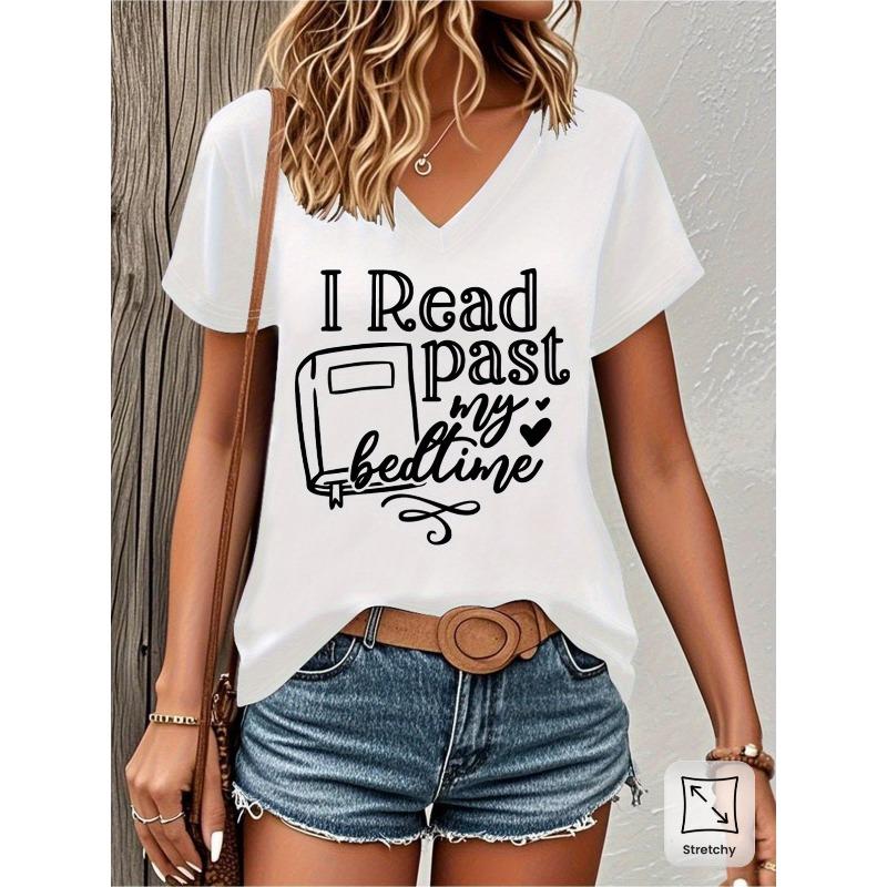 Women s I Read Past My Bedtime Print T-Shirt Casual V Neck Short Sleeve Gray Tee Gift for Book Lovers Librarians S белый