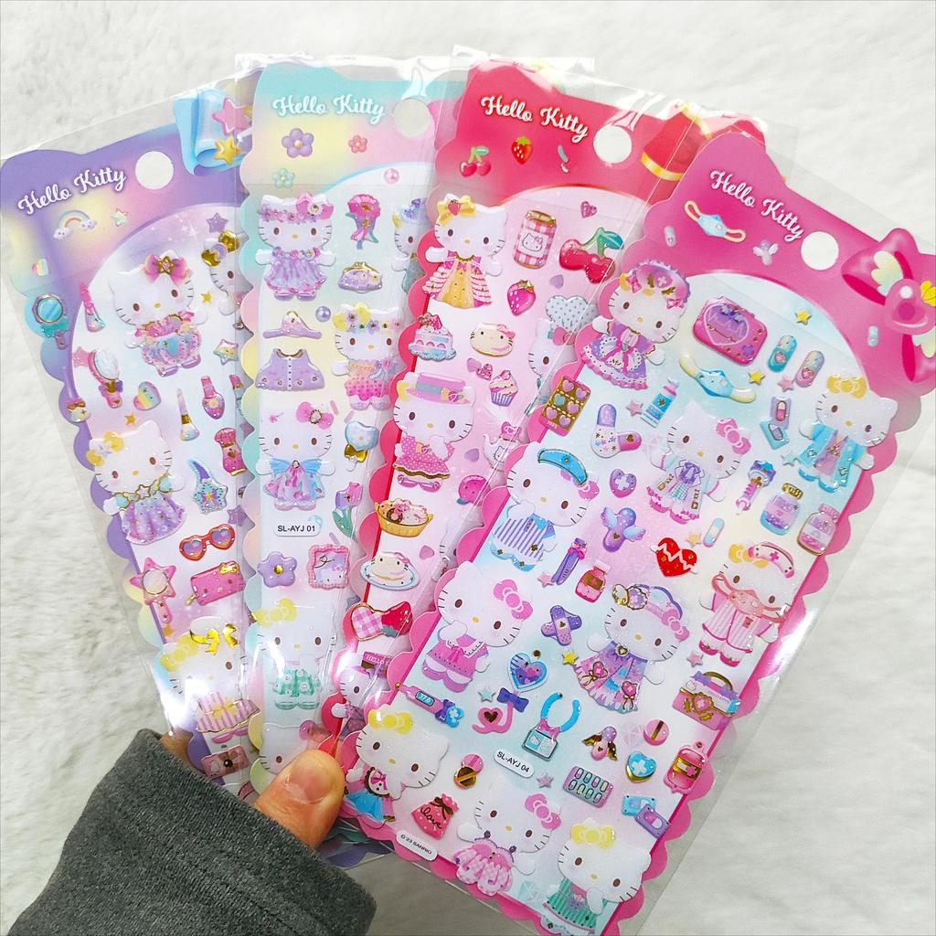4pcs Kawaii Hello Kitty Epoxy Crystal Decals - Animation Design Mini Relief Waterproof Decals for Korean Pop Photocard Phone Case Mug Decor