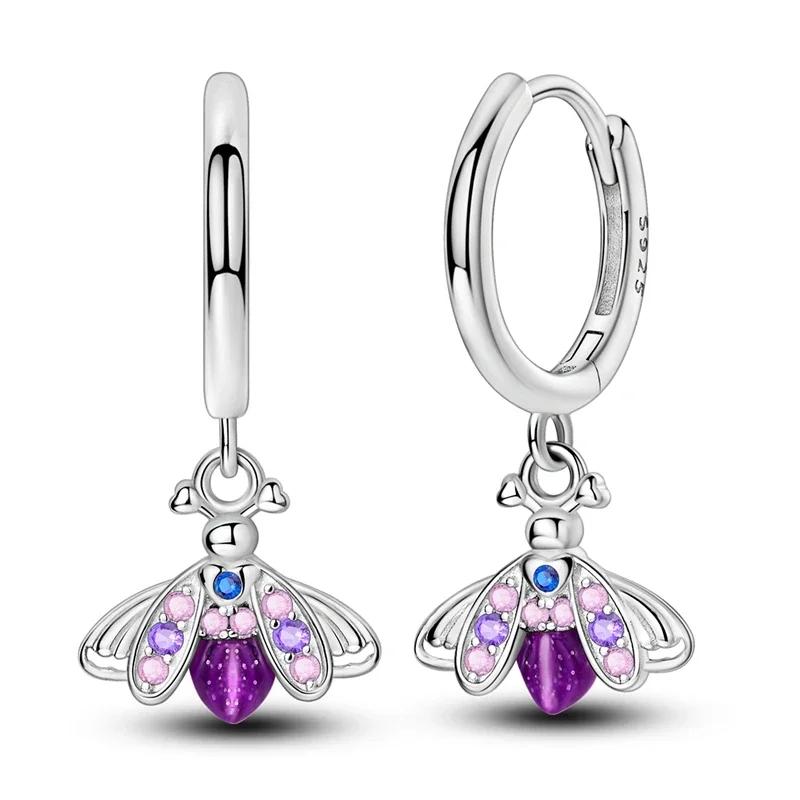 925 Sterling Silver Purple Series Feather Butterfly Dream Catcher Firefly Zircon Earrings for Women Luxury Jewelry Wedding Gift