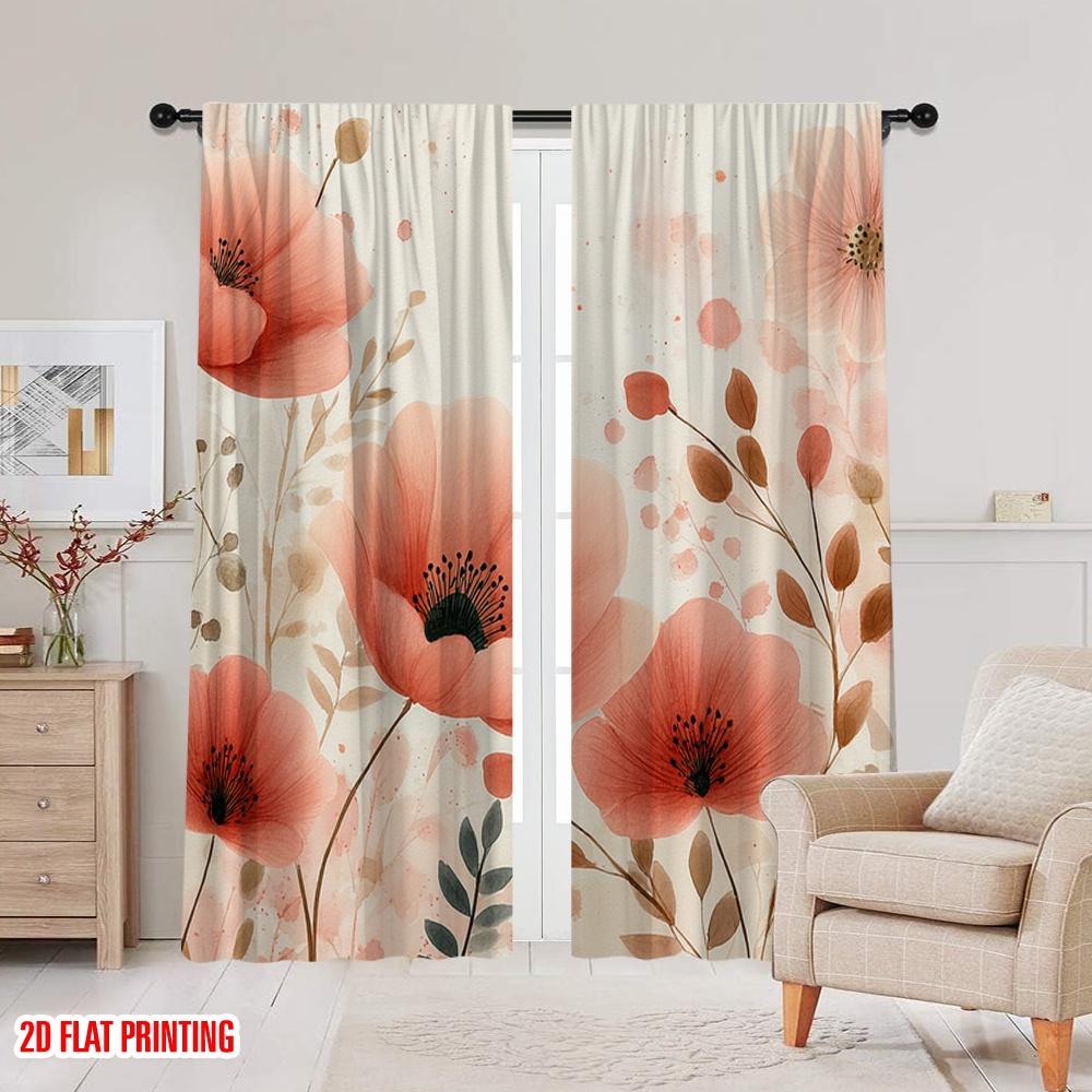 Flat Printing Party Window Curtains Coral Flowers Watercolor Floral Polyester Without Electricity Festive Wall Curtain Set Of 2 Made Washable