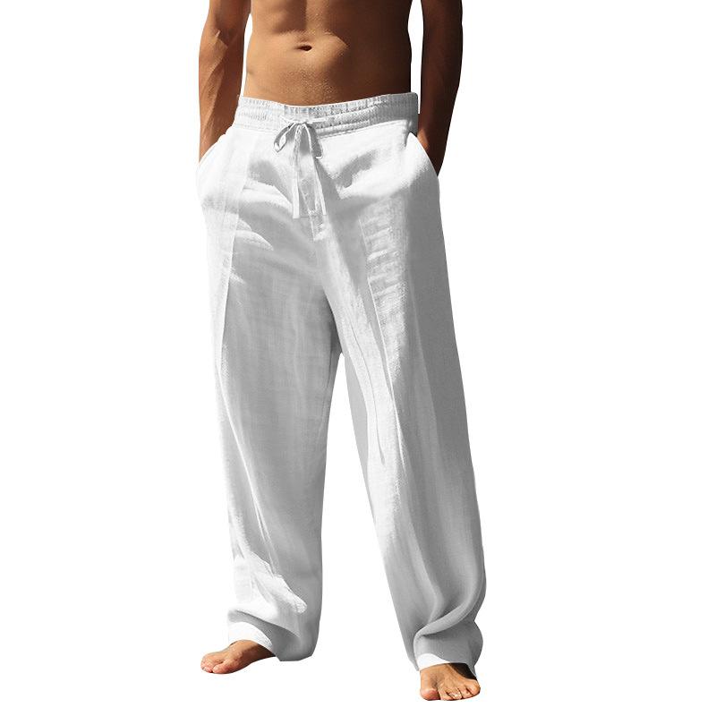 Men s Hip-Hop Breathable Cotton-Linen Blend Relaxed-Fit Casual Straight-Leg Trousers S белый