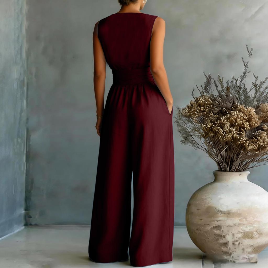Women's Wide-leg Elegant Waist-cinching V-neck Jumpsuit