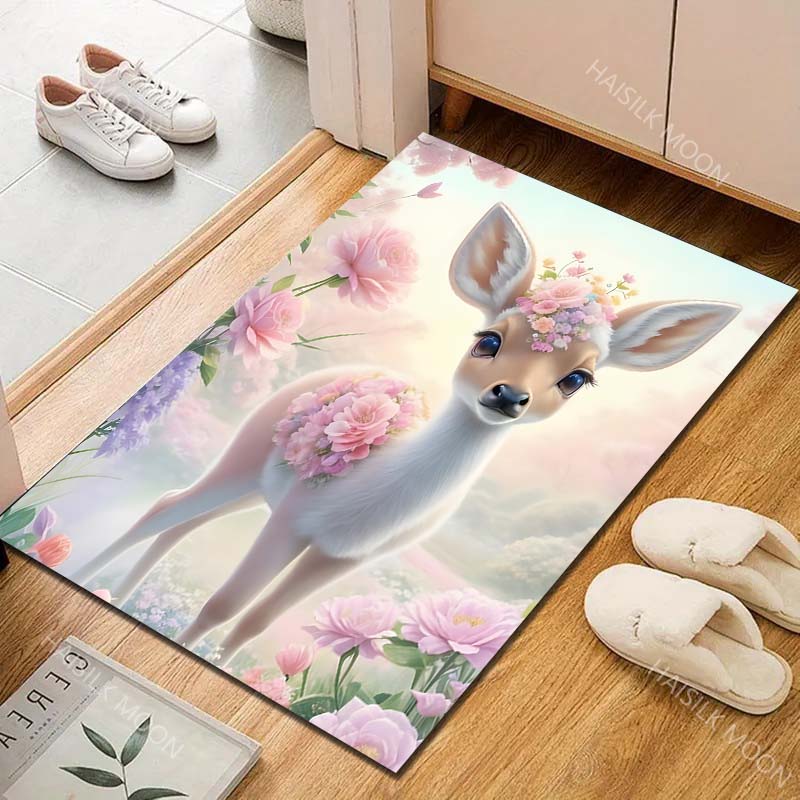 1PC Flower crowned fawn amid pastel blossoms Carpet for Living Room Bedroom Sofa Home Decor Rus Non-slip Floor Mat Luxury Gift