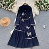 Elegant Butterfly Embroidered Polo-neck Vintage Long Sleeves Single Breasted Slim A-line Long Dress French High Street Clothing